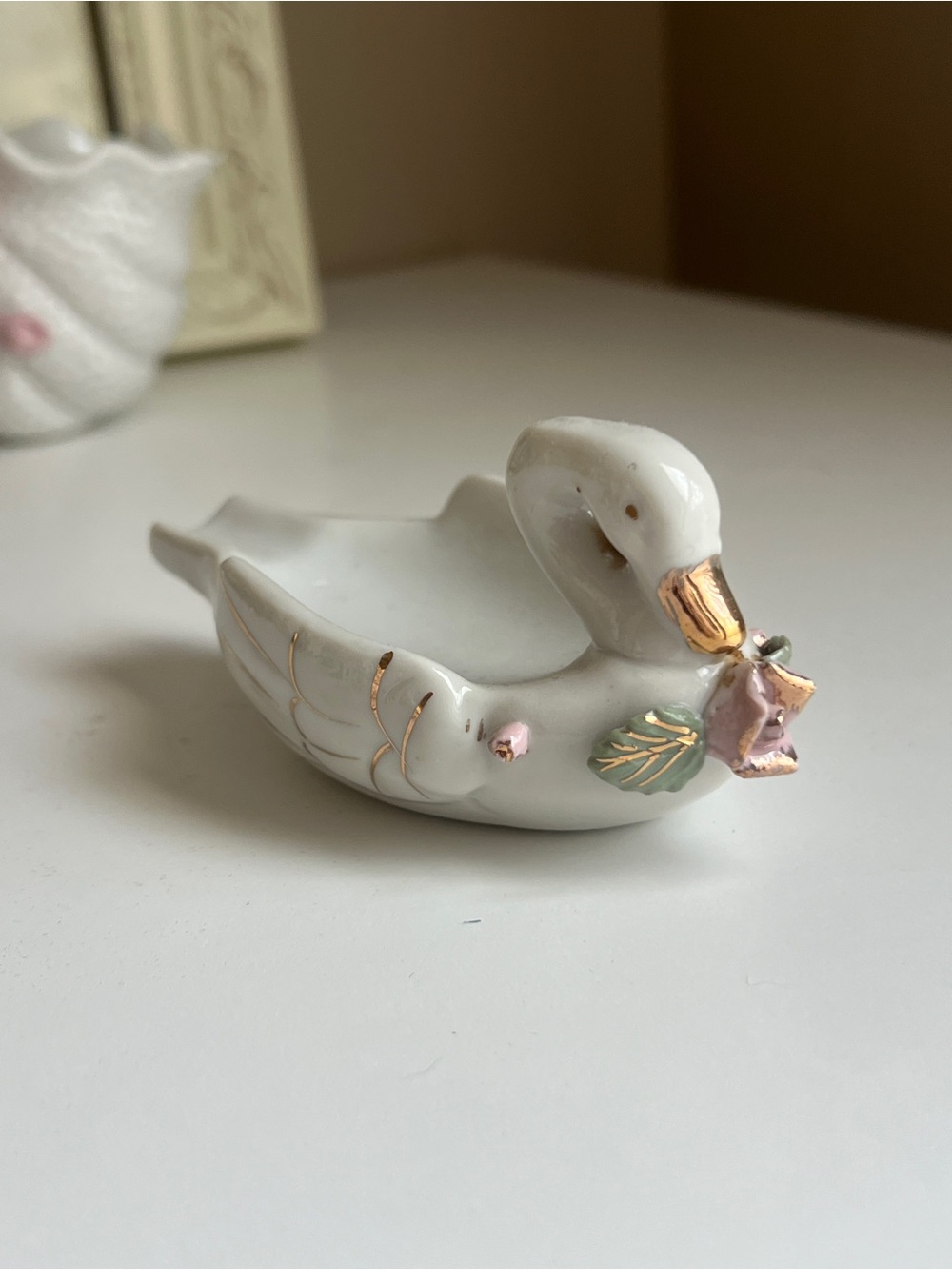Vintage Porcelain Swan Ring Dish with Gold and Pink Accents